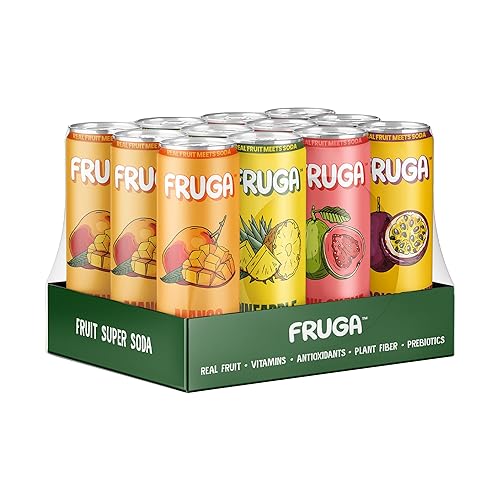 FRUGA Four Real Mix Sparkling Fruit Super Soda with Gut Health Benefits, Low Calorie, Low Sugar, Healthy Soda Variety Pack, 12oz Can (Pack of 12)