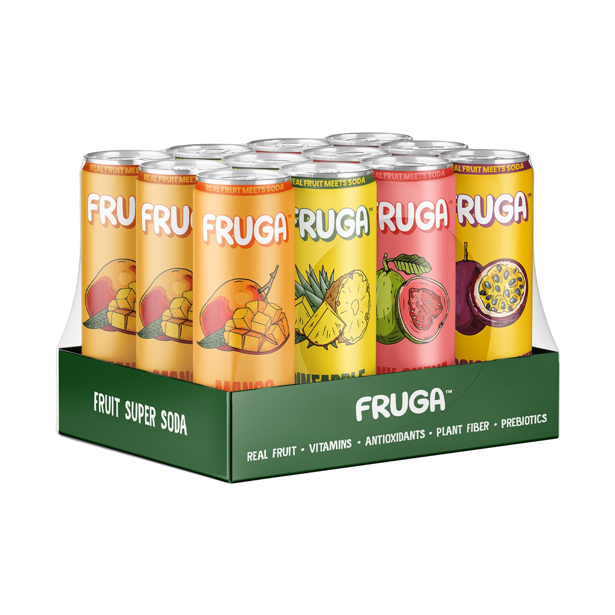 FRUGA Four Real Mix Sparkling Fruit Super Soda with Gut Health Benefits, Low Calorie, Low Sugar, Healthy Soda Variety Pack, 12oz Can (Pack of 12)