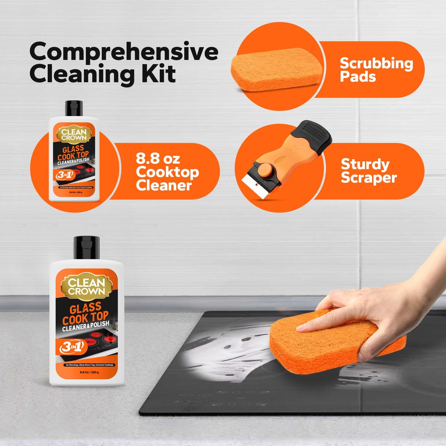 CleanCrown 3-in-1 Cooktop Cleaner Kit (8.8 Oz Cooktop Cleaner + Scrubbing Pad + Scraper), Stovetop Cleaner for Electric Top Stoves, Ceramic Cooktops