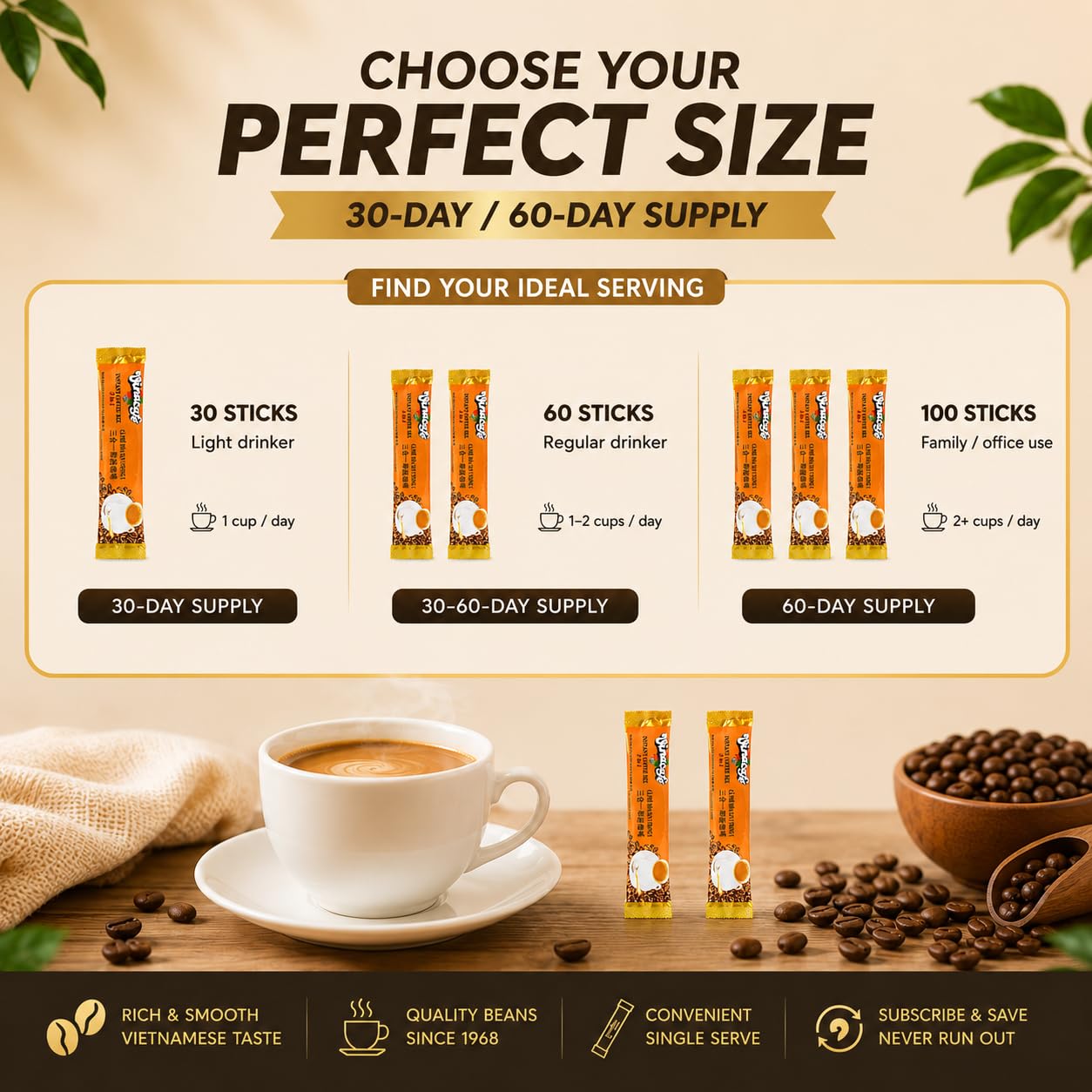 Vinacafe Vietnamese Instant Coffee 100 Sticks 3 in 1 Milk Coffee Blend, Smooth Medium Roast Instant Mix for Fast Brewing at Office or Travel