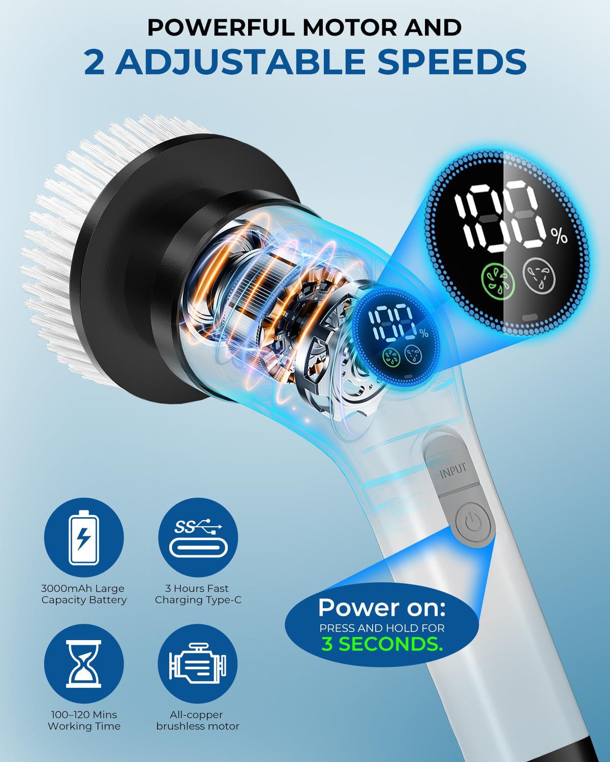Electric Spin Scrubber, Rechargeable with Upgraded Battery & Extended Runtime, IPX7 Cleaning Brush, 3000mAh Battery 7 Brush Heads 2-Speed Adjustable