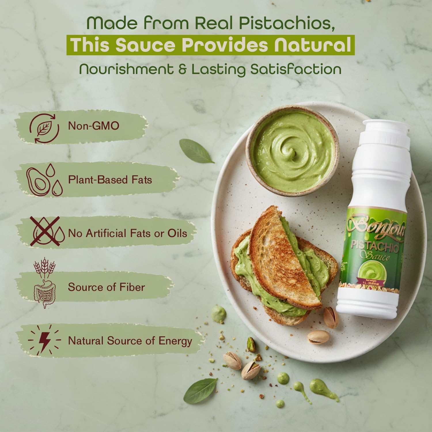 Bonjour Pistachio Cream Sauce - Adds Rich Nutty Flavor & Smooth Finish - Non-GMO Pistachio Sauce Spread & Paste with Butter for Sweet & Savory Dishes