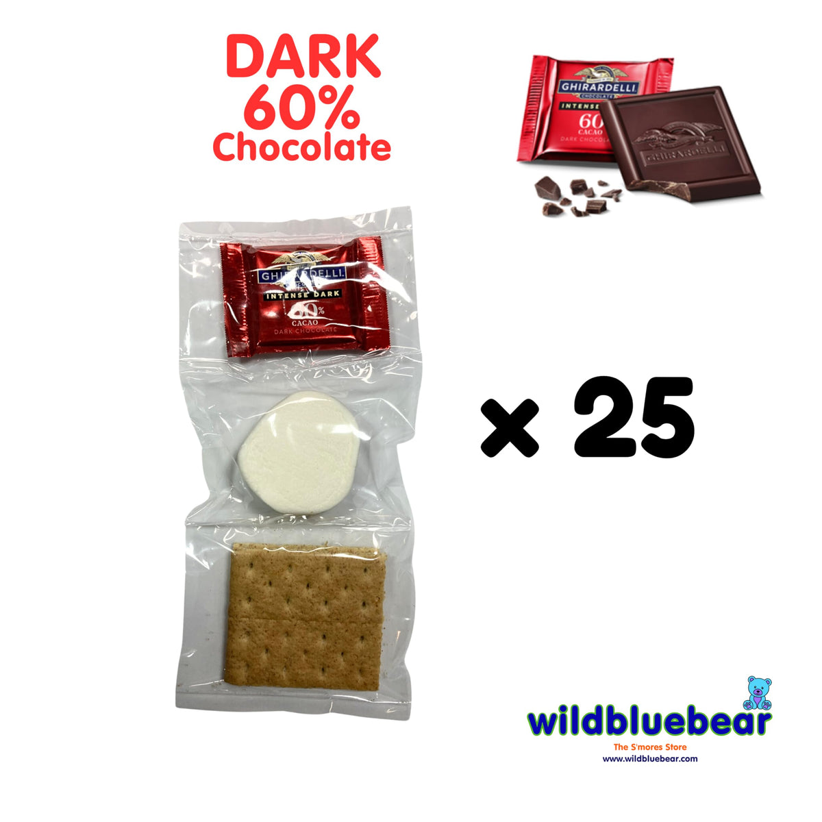 WBB | SMORES KIT STRIP | Individually packaged set : Graham Crackers, Marshmallow, Chocolate | Make delicious smores (25 sets) (Dark 60%)