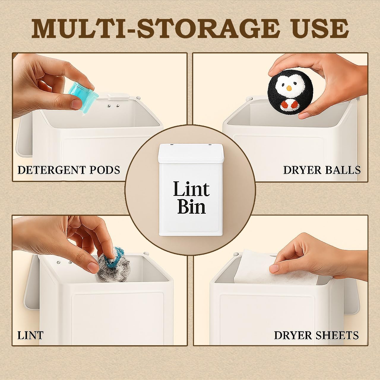 MTTRADERS Magnetic Lint Bin for Laundry Room Organization & Storage, Wall-Mounted Dryer Lint Bin Trash Can with Lid, Lint Box Includes Brush, 2 White