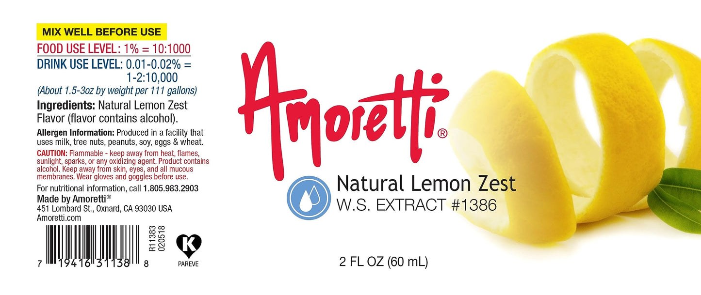 Amoretti - Lemon Zest Oil Extract Water Soluble 2 oz - Highly Concentrated & Perfect For Pastry, Savory, Brewing, and more, Preservative Free, Vegan