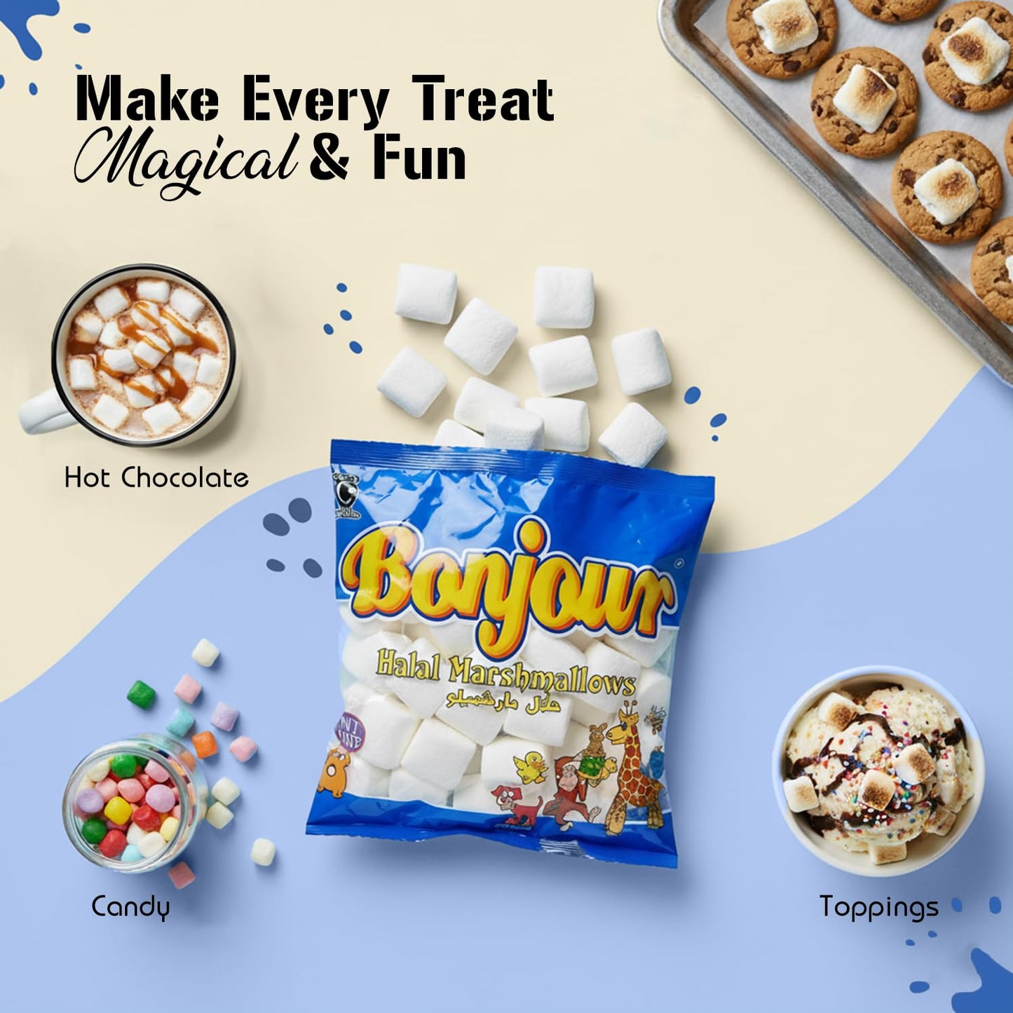 Bonjour Large Marshmallows - Halal Gelatin, Low Fat & Dye Free Square Marshmallows For Hot Chocolate, Smore, Ice Cream - Vanilla Flavored, Soft