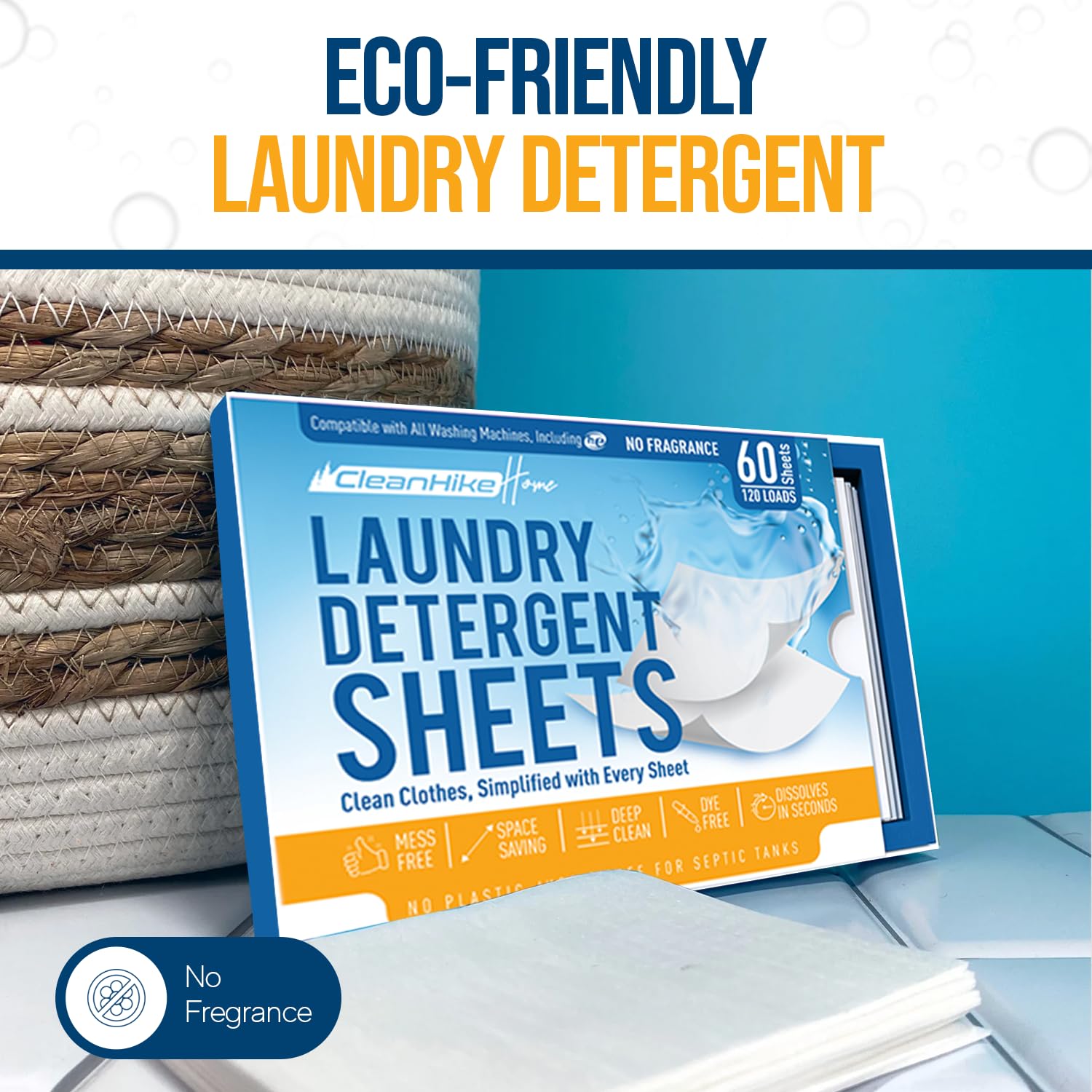 Free and Clear Laundry Detergent Sheets - 120 Loads Unscents Fragrance-Free, Paraben-Free, Plastic-Free, Compact, Liquidless for all Washing Machines
