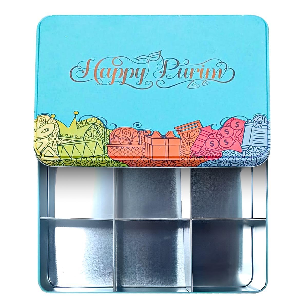 JewFadz Happy Purim Shaloch Manos Gift Tin - Attractive design Empty Box- Megillah Favorite food Hamantashen Container LARGER 9.56" by 7.79" by 2.36"