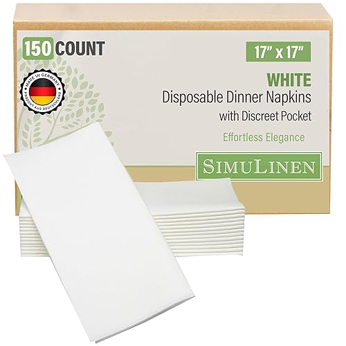 SimuLinen White Disposable Dinner Napkins with Pocket for Utensils, Decorative and Absorbent, Paper Napkins for Silverware, 17"x17", Box of 150