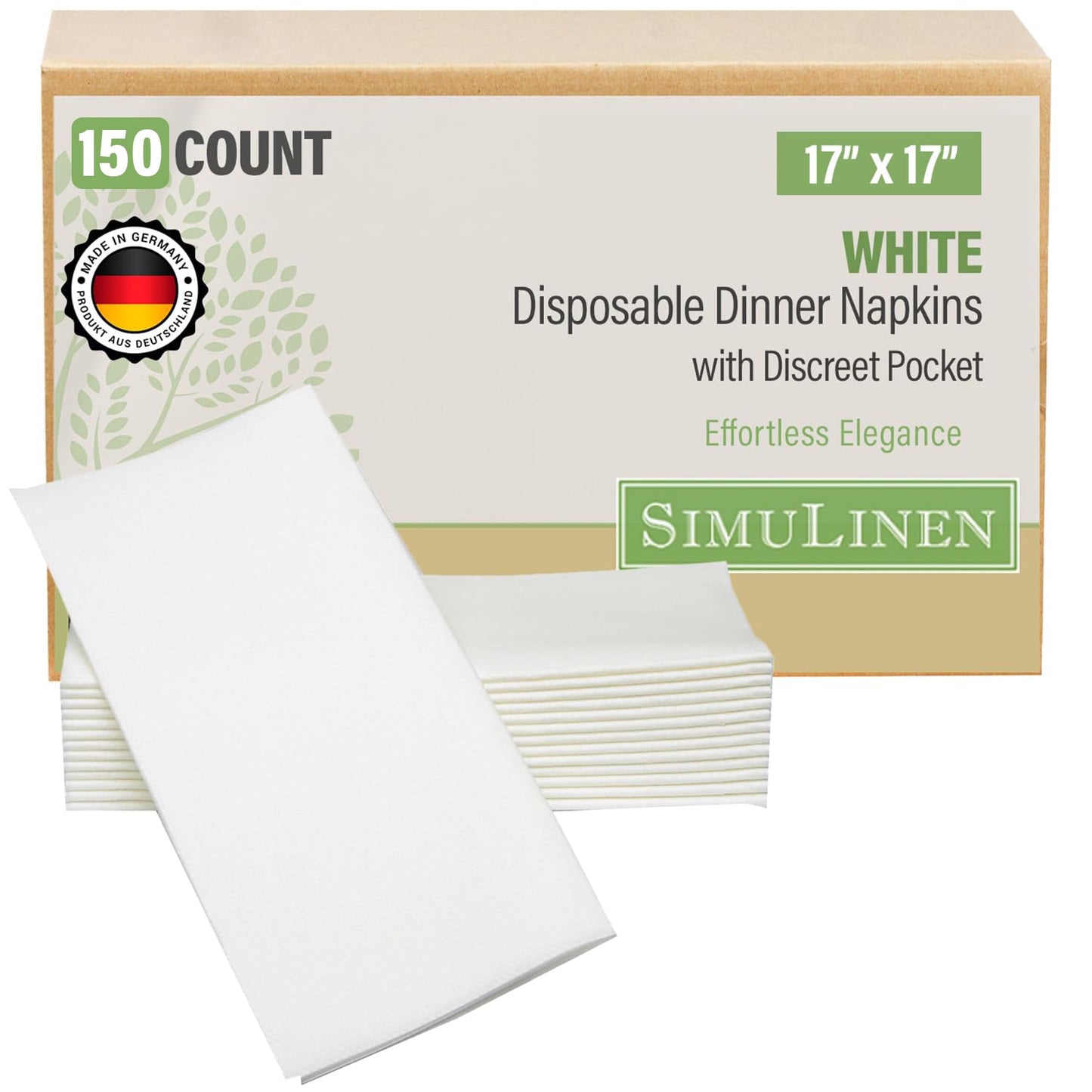 SimuLinen White Disposable Dinner Napkins with Pocket for Utensils, Decorative and Absorbent, Paper Napkins for Silverware, 17"x17", Box of 150