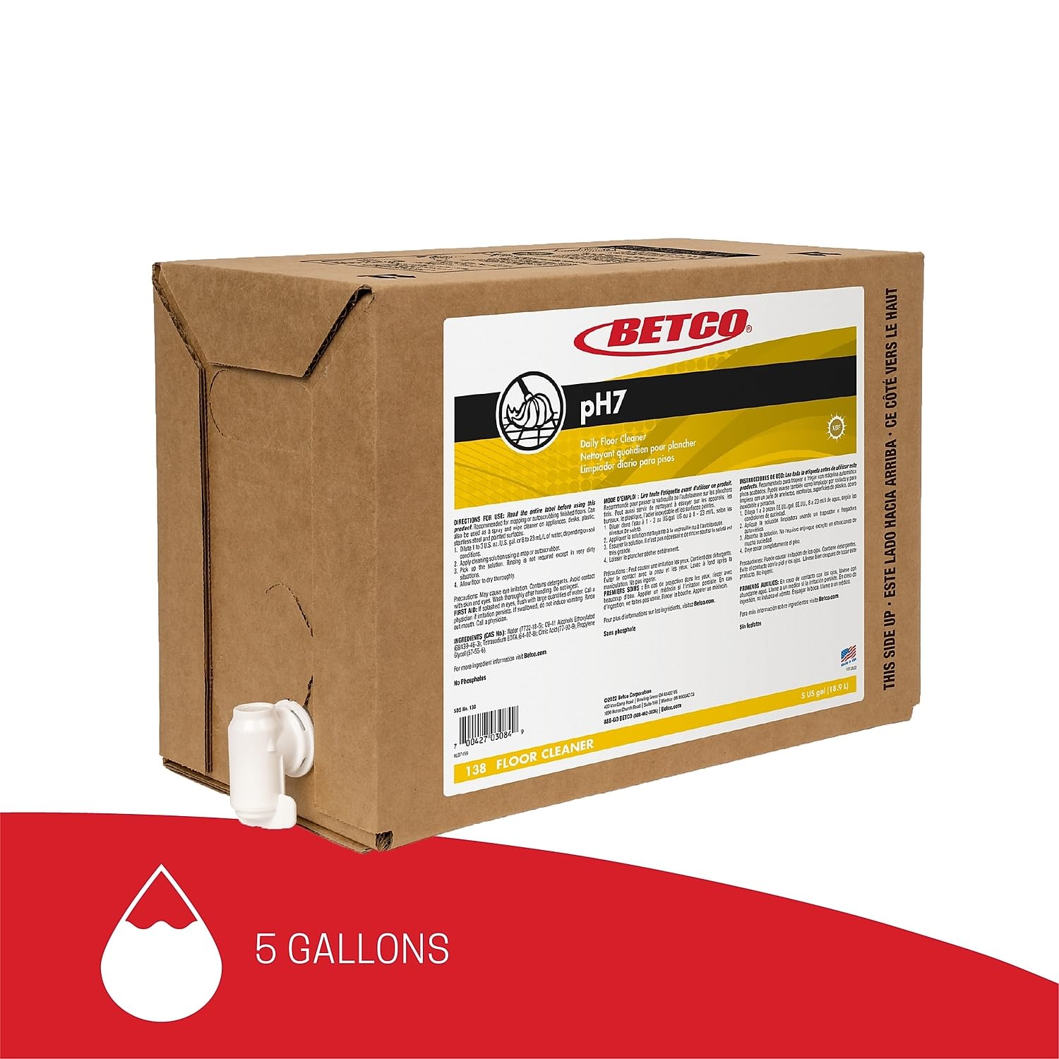 Betco 1380500 pH7 Floor Cleaner, Lemon Scent, 5 Gal.