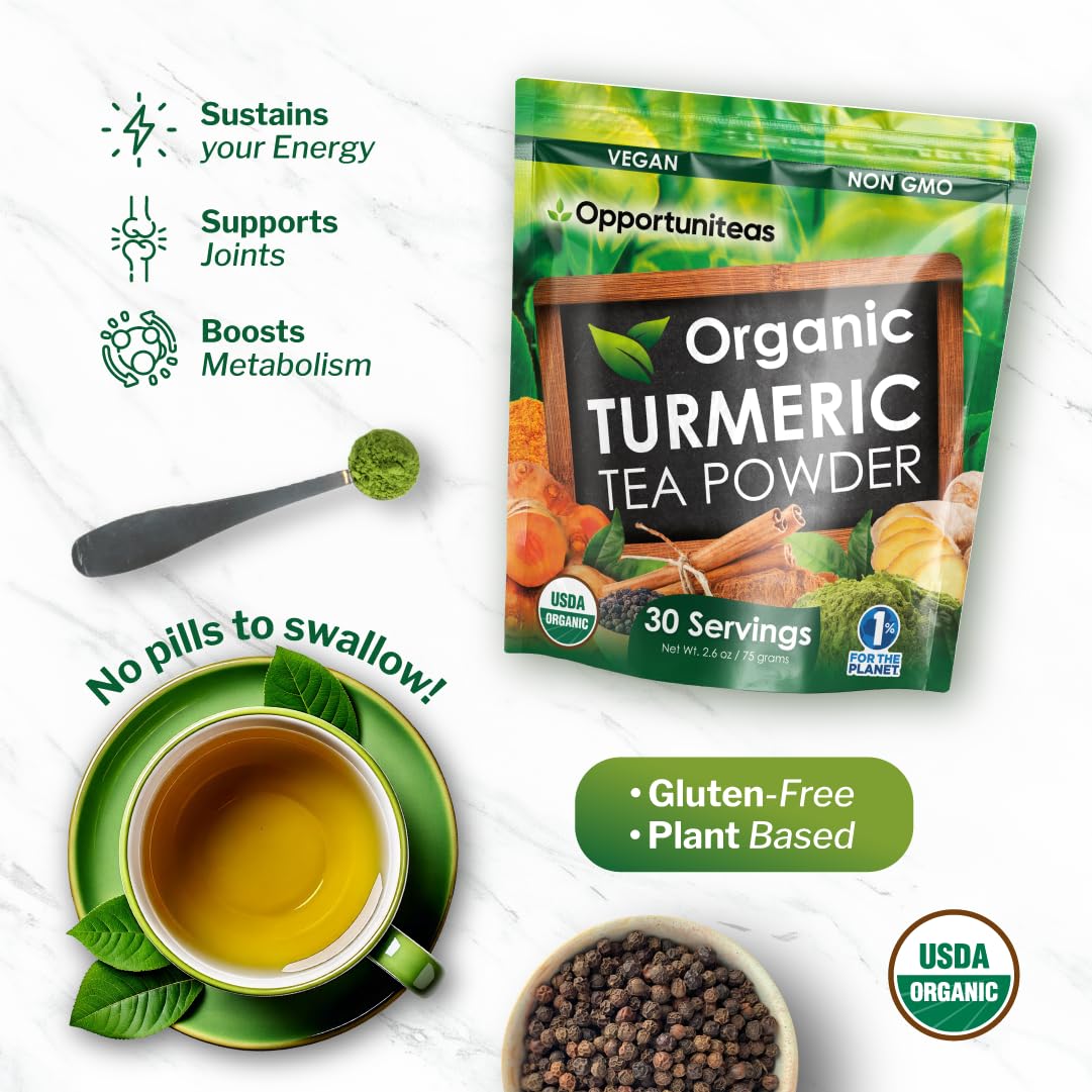 Opportuniteas Organic Turmeric Tea Powder - Matcha Green Tea, Turmeric, Cinnamon, Ginger, Black Pepper - Natural Joint Support - Vegan & Non-GMO - 30