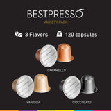 Bestpresso Coffee for Nespresso Original Machine 120 Aluminum pods Certified Genuine Espresso Variety Pack Caramel,Vanilla and Chocolate