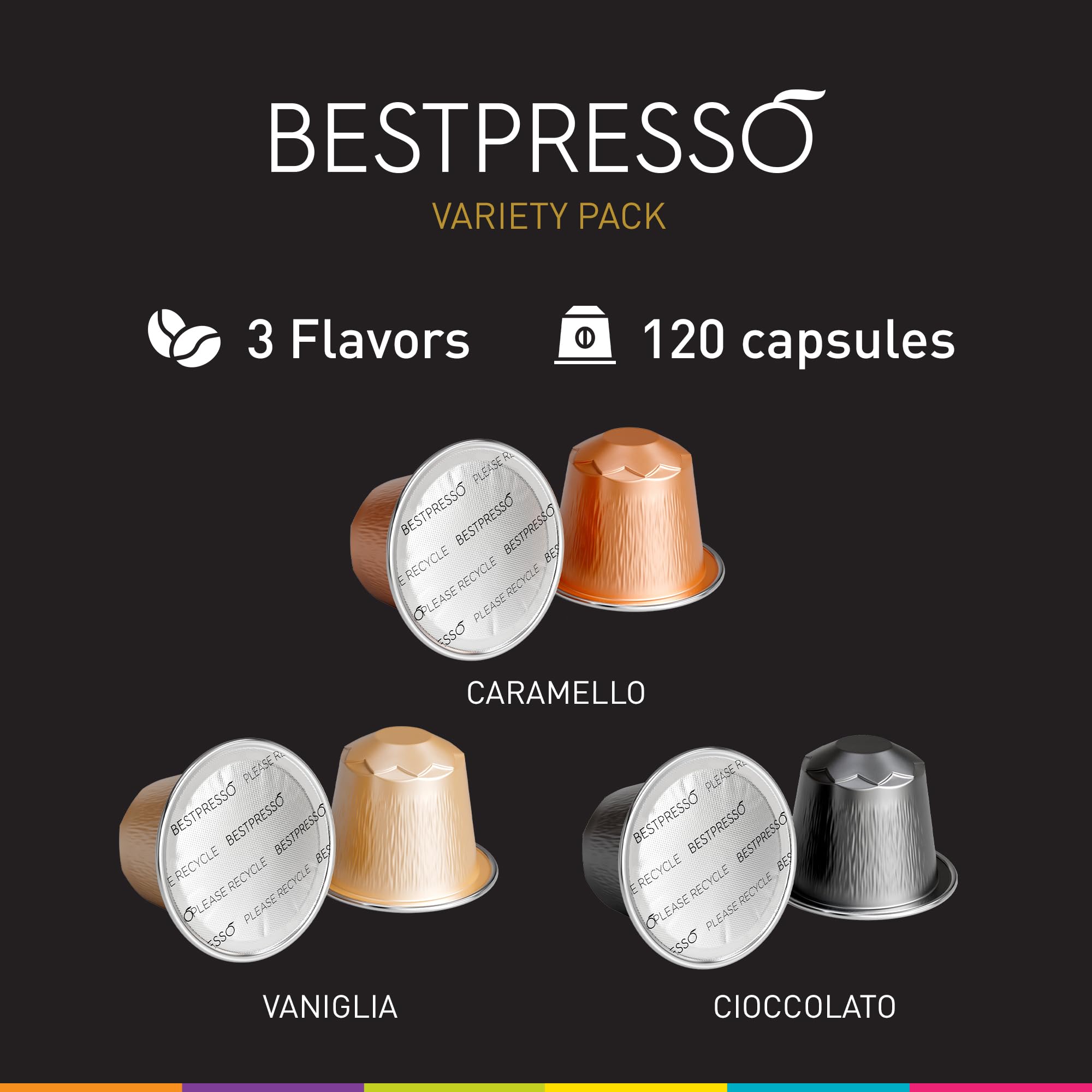 Bestpresso Coffee for Nespresso Original Machine 120 Aluminum pods Certified Genuine Espresso Variety Pack Caramel,Vanilla and Chocolate