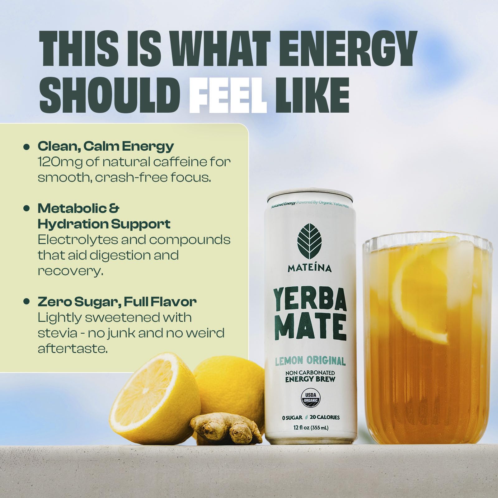 Mateina Yerba Mate Zero Sugar Energy Drink - 120mg Natural Caffeine - Organic, Non-GMO, Non-Carbonated - Dr. Andrew Huberman Recommended - (12 fl oz