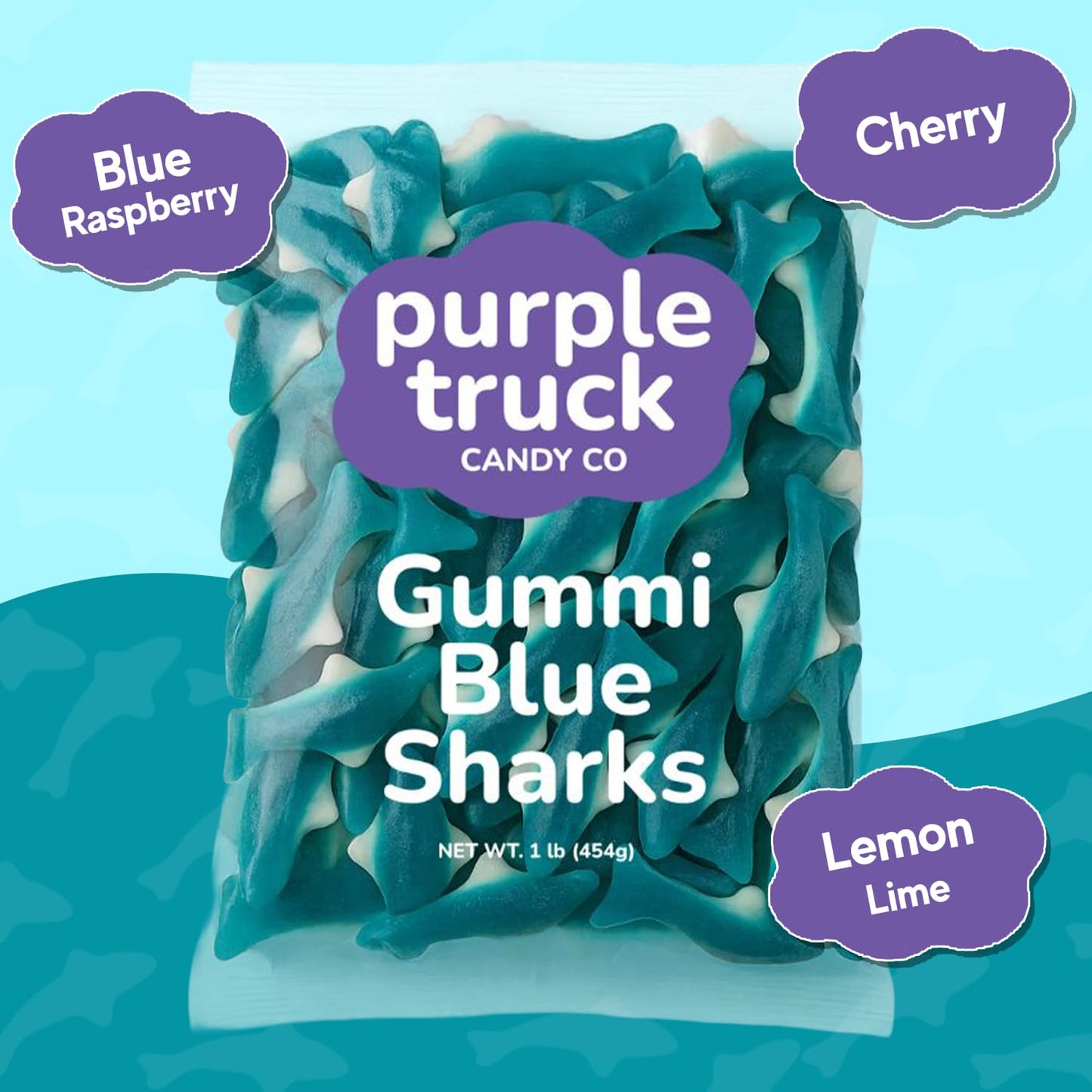 Purple Truck Candy Blue Gummy Sharks - Soft & Chewy Shark Shaped Gummies - Multi-Flavor Mashup of Blue Raspberry, Cherry & Lemon Lime - Perfect