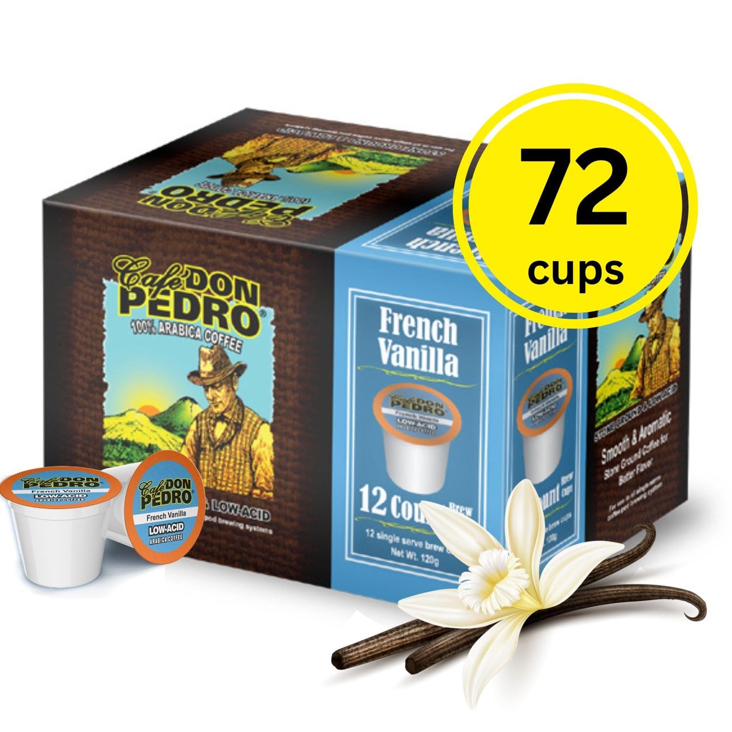 Cafe Don Pedro French Vanilla Low Acid Coffee Pods, 100% Arabica K Cups, Naturally Low Acid Coffee K Cups, Battles Heartburn and Acidic Reflux, 72