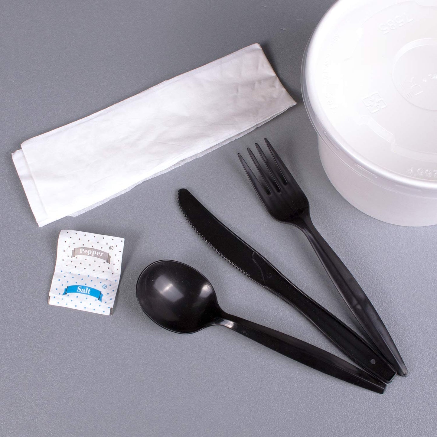 Karat [250 ct] Medium Weight Wrapped Black Plastic Cutlery Pack (Fork/ Knife/ Spoon with Salt & Pepper, Napkin) U2202B