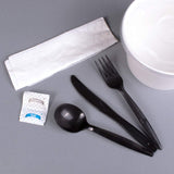 Karat [250 ct] Medium Weight Wrapped Black Plastic Cutlery Pack (Fork/ Knife/ Spoon with Salt & Pepper, Napkin) U2202B