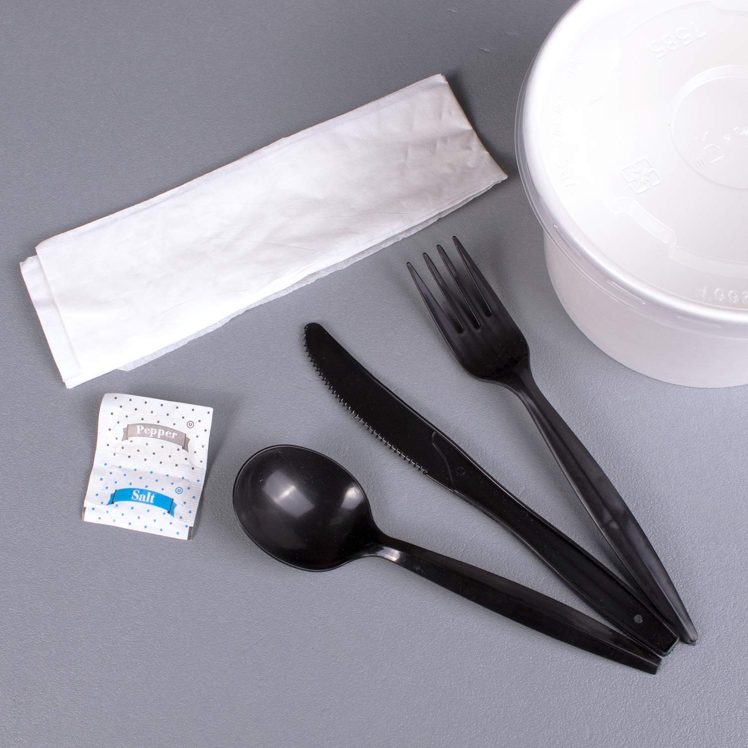 Karat [250 ct] Medium Weight Wrapped Black Plastic Cutlery Pack (Fork/ Knife/ Spoon with Salt & Pepper, Napkin) U2202B