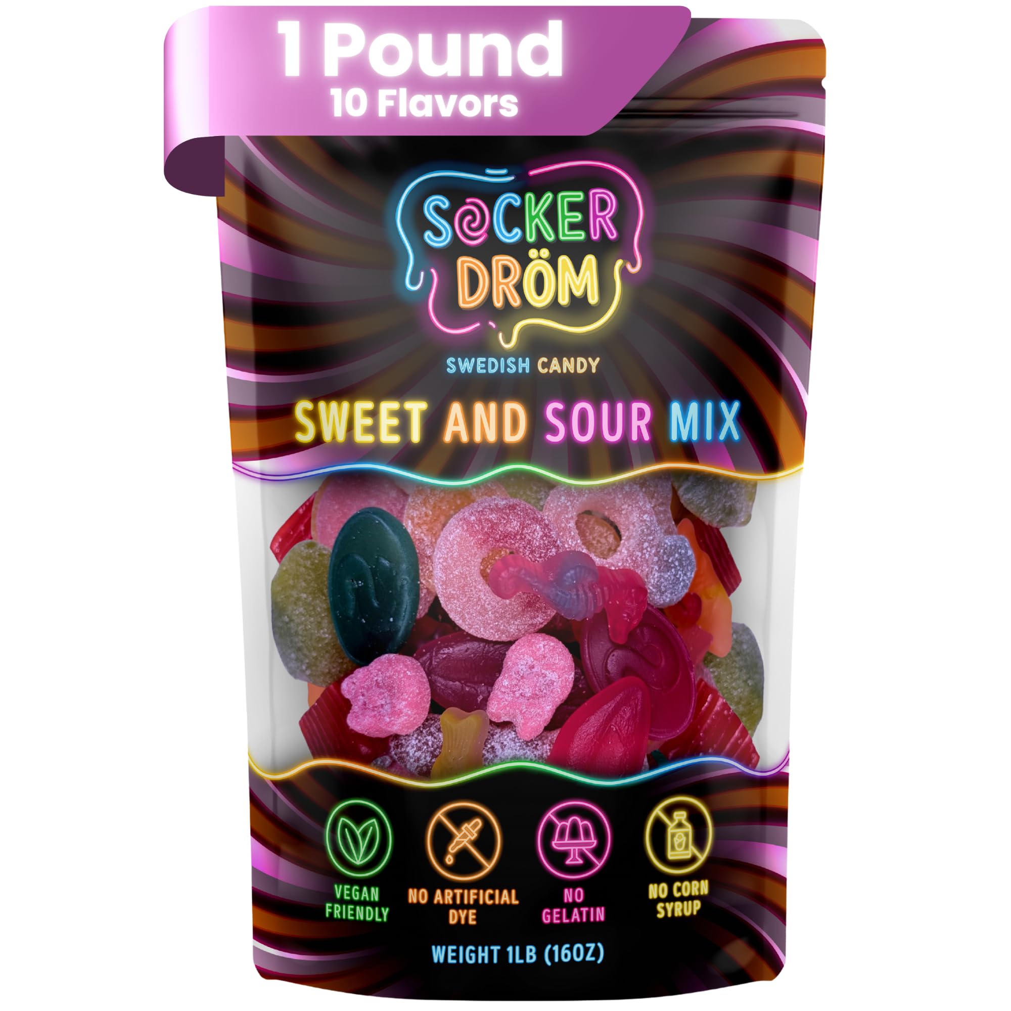 Authentic Swedish Candy Mix 1lb Sweet and Sour Swedish Vegan Gummy Candy Variety Pack, Gelatin-Free Scandinavian Treats, Dye Free Gummies from Sweden