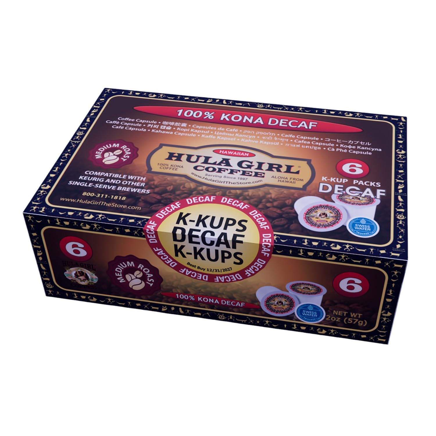 Hula Girl K2 Compatible 100% Kona Decaf Coffee Single Servings - Box of 6