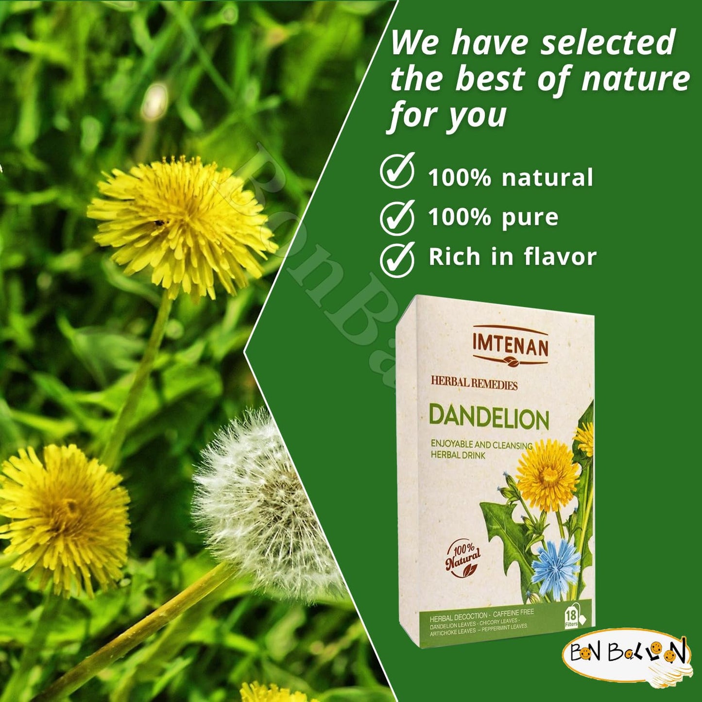 Imtenan Dandelion Drink Herbal Bag Premium Herbals Pure Egyptian Herb Fresh Herbs Rich Egypt No Additives Non Gmo Kosher Halal (1 Pack = 18 Teabags)