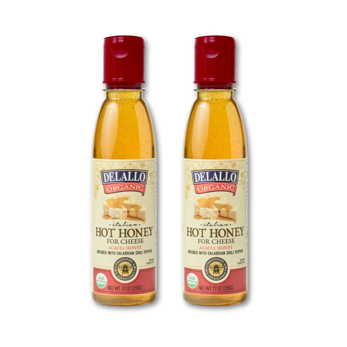 DeLallo Hot Honey, Made with 100% Organic Acacia Honey and Red Pepper, Sweet and Spicy Gourmet Condiment, Non-GMO, Gluten Free, Vegan, Kosher, 7.7 oz