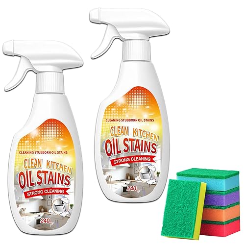 ZANSHI 2PCS Heavy-Duty Oil Cleaner Stains,Clean Up Kitchen Oil Stains Spray,Multi-purpose Clean Up Kitchens Heavy Oil Duty,with 5 Sponge Scourers