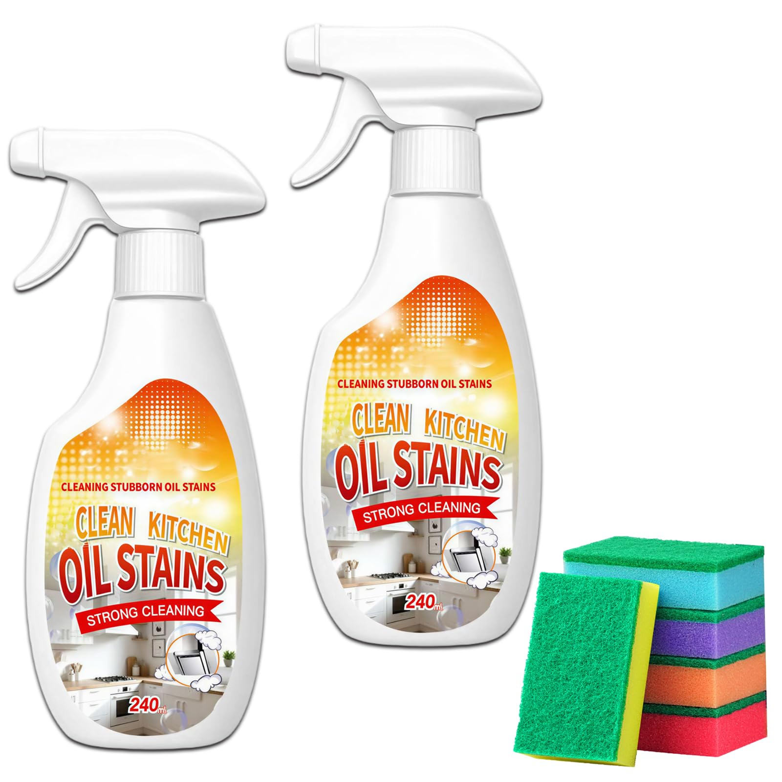 ZANSHI 2PCS Heavy-Duty Oil Cleaner Stains,Clean Up Kitchen Oil Stains Spray,Multi-purpose Clean Up Kitchens Heavy Oil Duty,with 5 Sponge Scourers