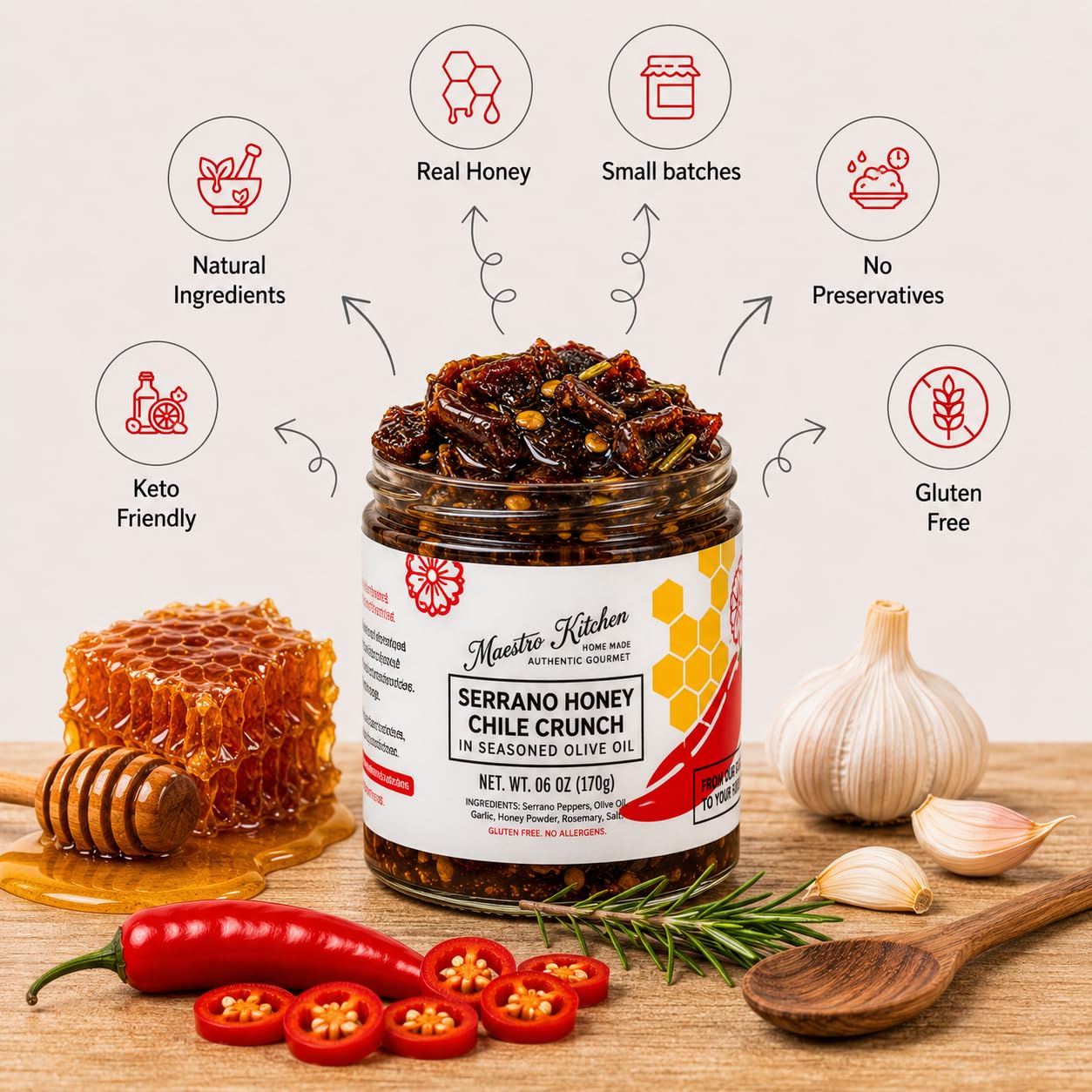 Maestro Kitchen Serrano Honey Chile Crunch - Medium Heat Sweet & Spicy Chili Crisp with Olive Oil, Garlic & Rosemary - Crunchy Mexican Chili Oil