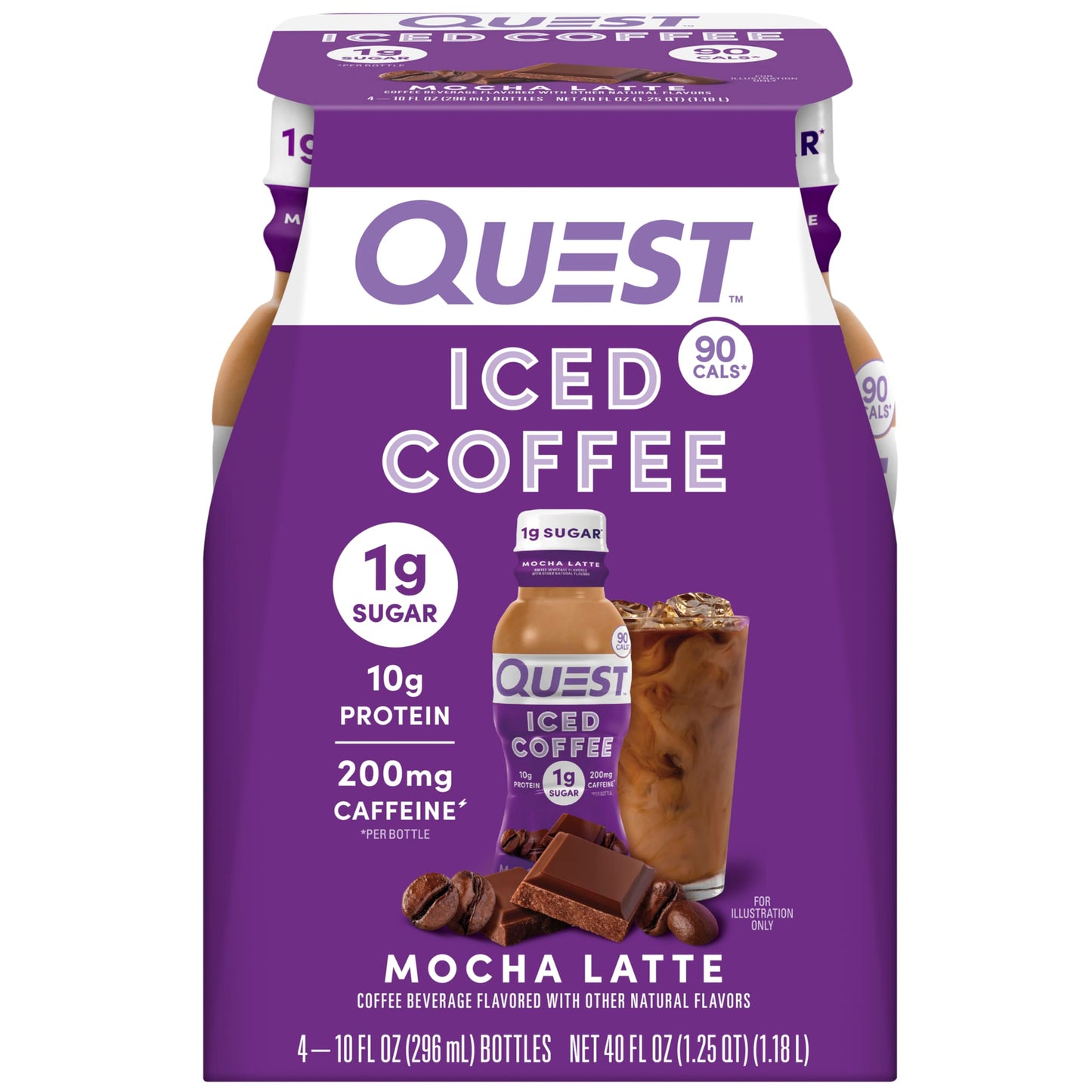 Quest Nutrition Iced Coffee, Mocha Latte, 1g of Sugar, 10g of Protein, 90 calories, 200mg of caffeine, 4 Count