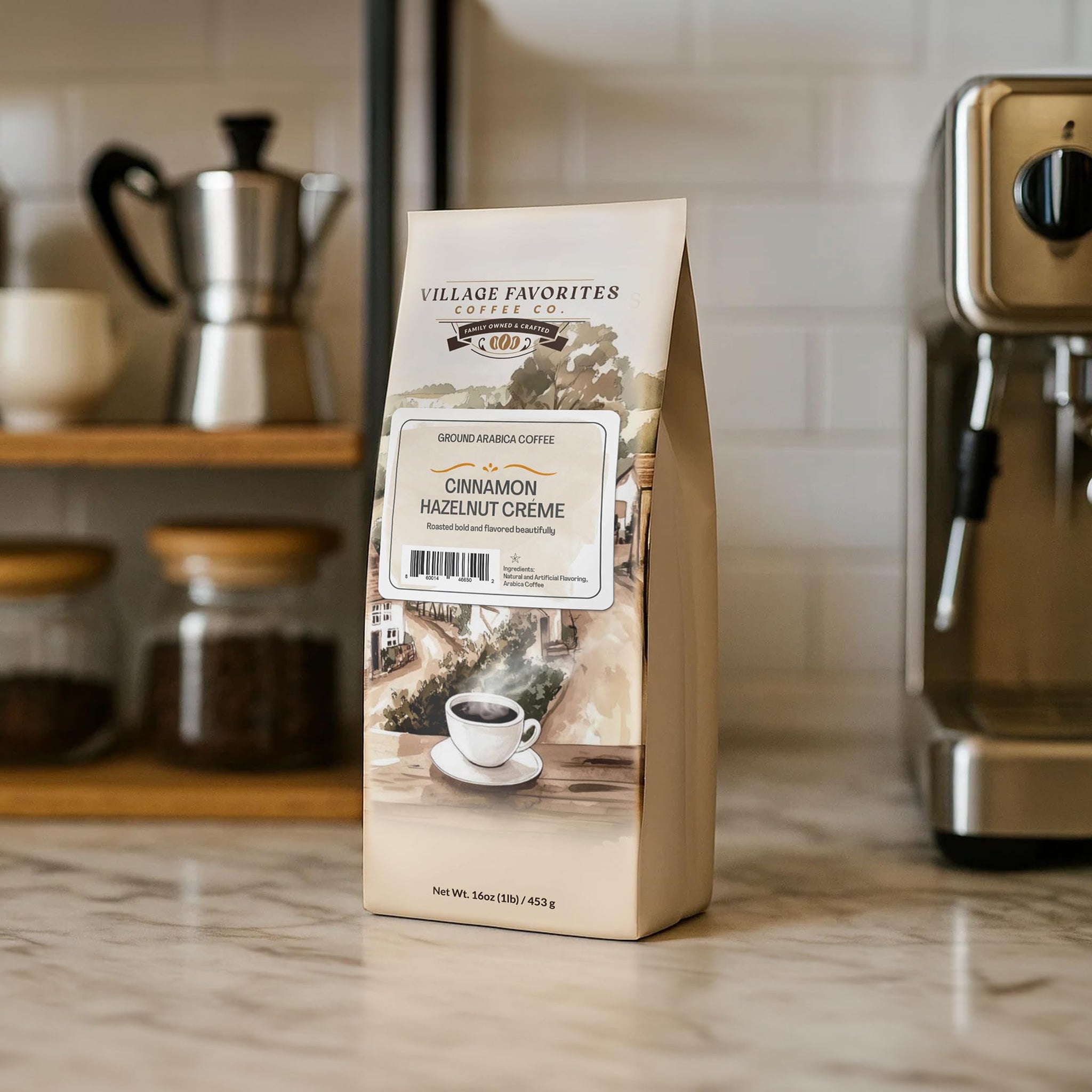 Village Favorites Flavored Coffee - Low Acid, Mold-Free, 100% Arabica, Slow Roasted Medium Roast, Smooth & Stomach Friendly, Ground, 1LB Bag (16oz)