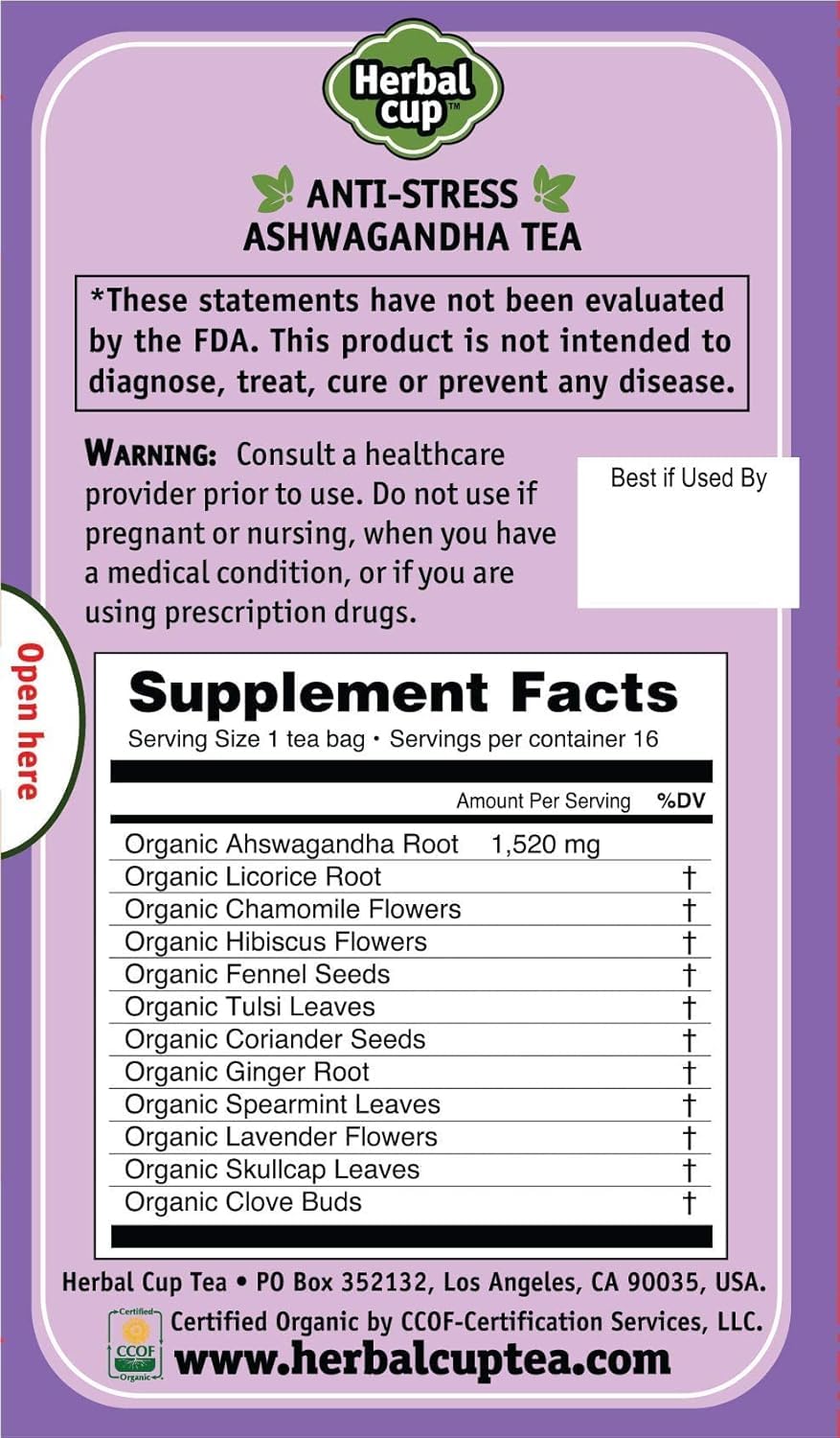 Herbal Cup Ayurveda Ashwagandha Tea, Organic Anti-Stress, No Caffeine Herbal Supplement (16 Count, Pack of 3)