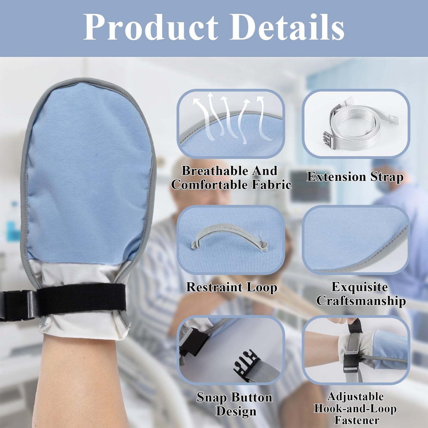2-Pack Medical Restraint Gloves for Elderly & Dementia Patients, Anti-Scratch Medical Mittens with Removable Ties, Soft Skin-Friendly Hand Control