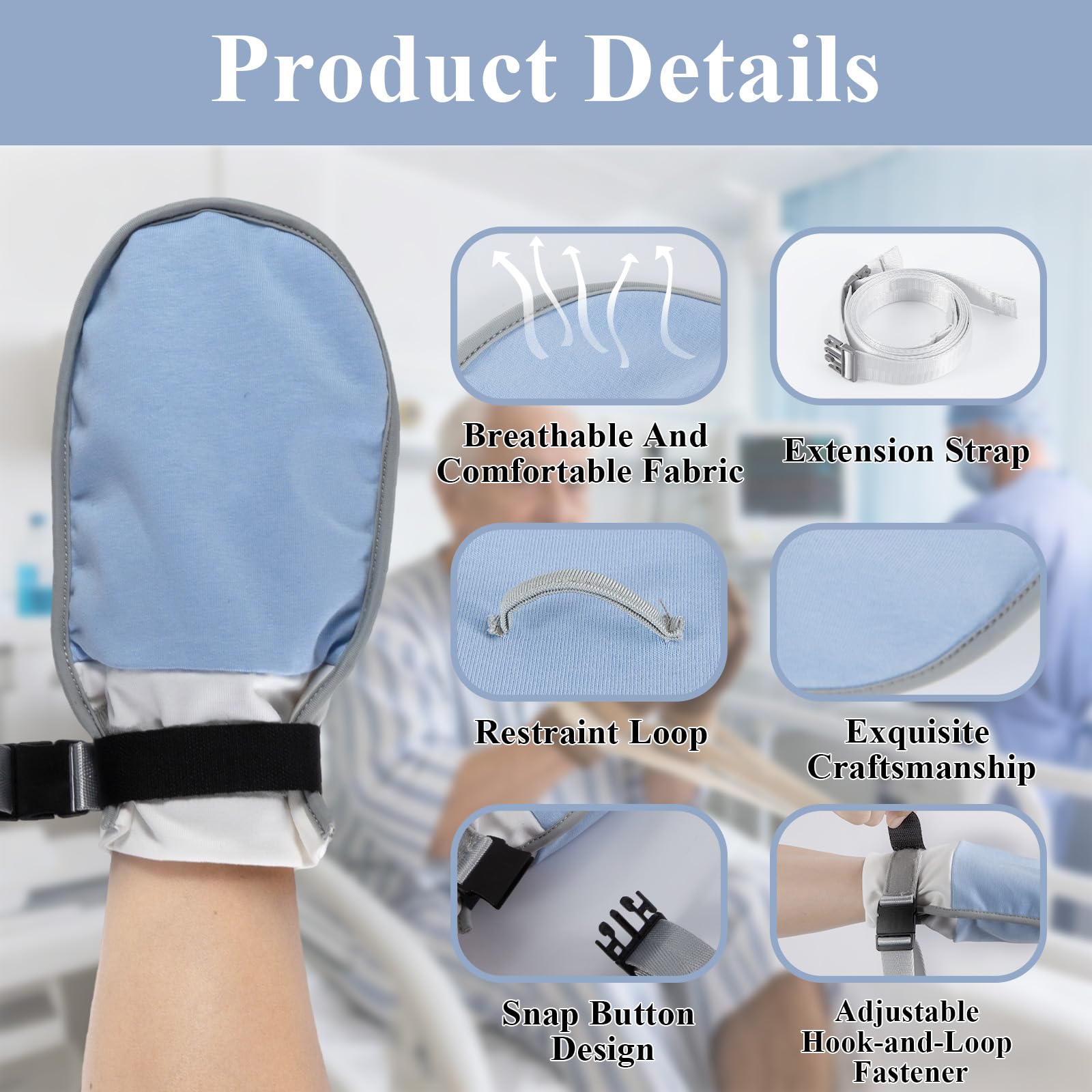 2-Pack Medical Restraint Gloves for Elderly & Dementia Patients, Anti-Scratch Medical Mittens with Removable Ties, Soft Skin-Friendly Hand Control