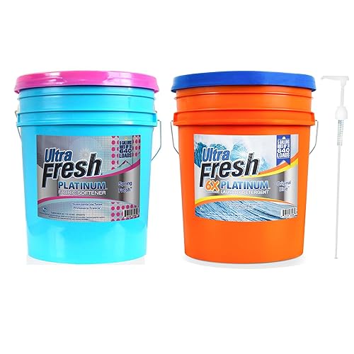 Ultra Fresh 6X Platinum Laundry Detergent, 5 Gallon, Bundled with Spring Fresh Fabric Softener and Pump, Up to 640 Loads, Orange/Blue