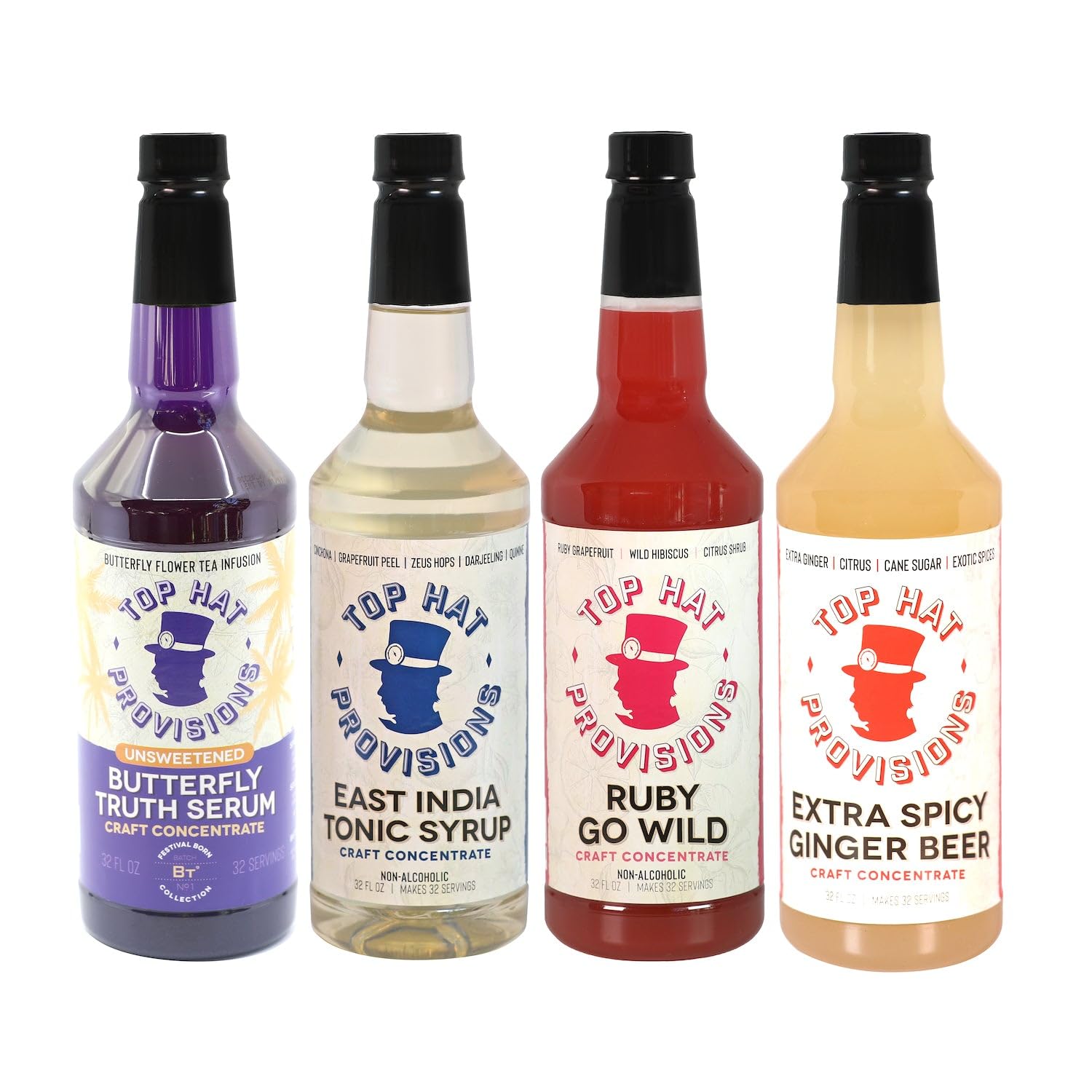 Top Hat Sober Curious Mixology Combo Kit - Mocktail Mixer Gift Set - Extra Spicy Ginger Beer Syrup, East India Tonic Syrup, Ruby Go Wild Paloma