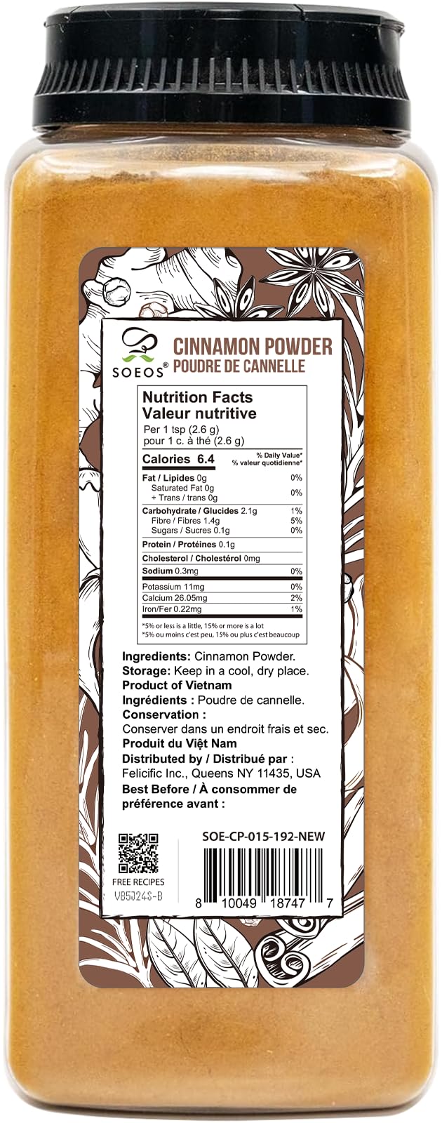 Soeos Cinnamon Powder, 15 oz (425g), Ground Cinnamon, 100% Raw, Non-GMO, Kosher Certified, Seasoning Spice for Coffee, Baking, Cooking and Beverages