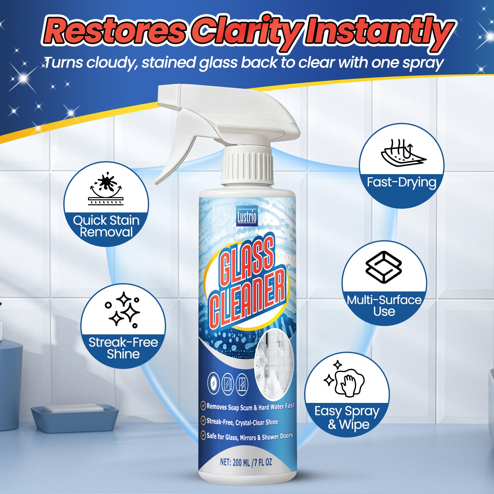 LUSTRIO Instant Shine Bathroom Glass Cleaner with Microfiber Towel - Removes Hard Water Limescale & Soap Scum on Shower Doors, Tiles & Mirrors