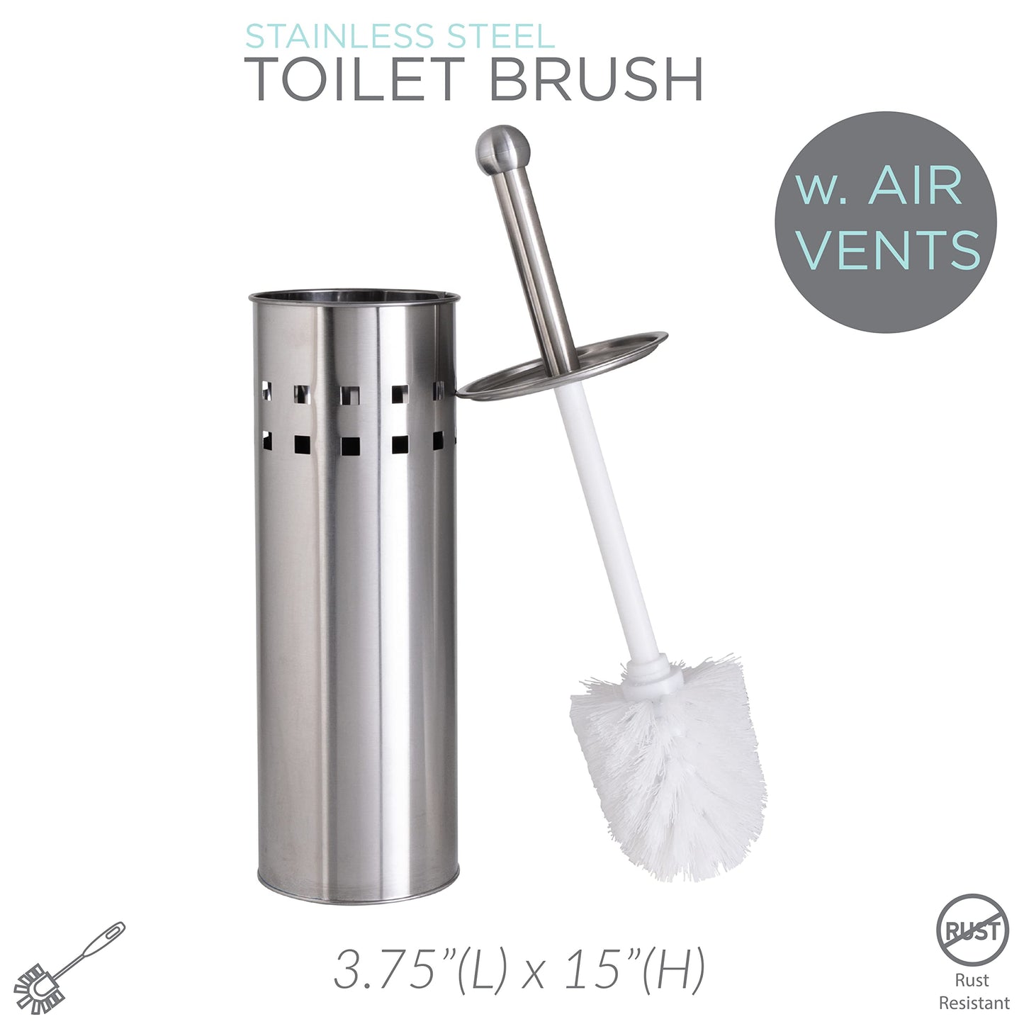 Bath Bliss Toilet Brush & Holder Set, Dimensions: 3.75" Rd x 15", Stainless Steel, Bathroom, Rust Resistant, Easy Storage, Easy Cleaning, Sliver,