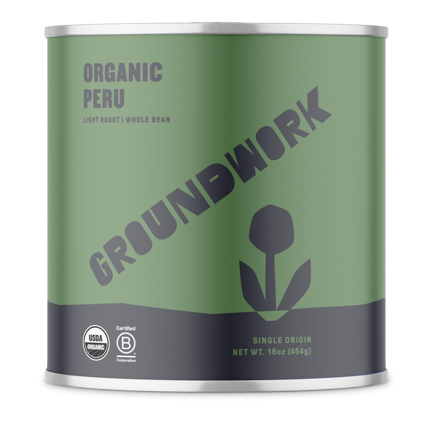 Groundwork USDA Organic Whole Bean Light Roast Coffee, Peru, 16 Ounce Can