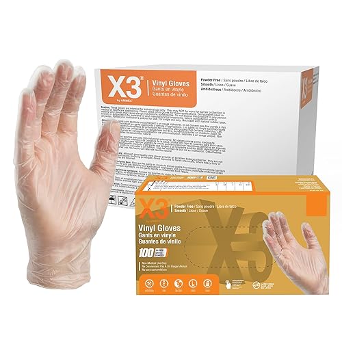 X3 Clear Vinyl Disposable Industrial Gloves, 3 Mil, Latex & Powder-Free, Food-Safe, Non-Sterile, Smooth, Medium, Case of 1000