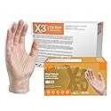 X3 Clear Vinyl Disposable Industrial Gloves, 3 Mil, Latex & Powder-Free, Food-Safe, Non-Sterile, Smooth, Medium, Case of 1000