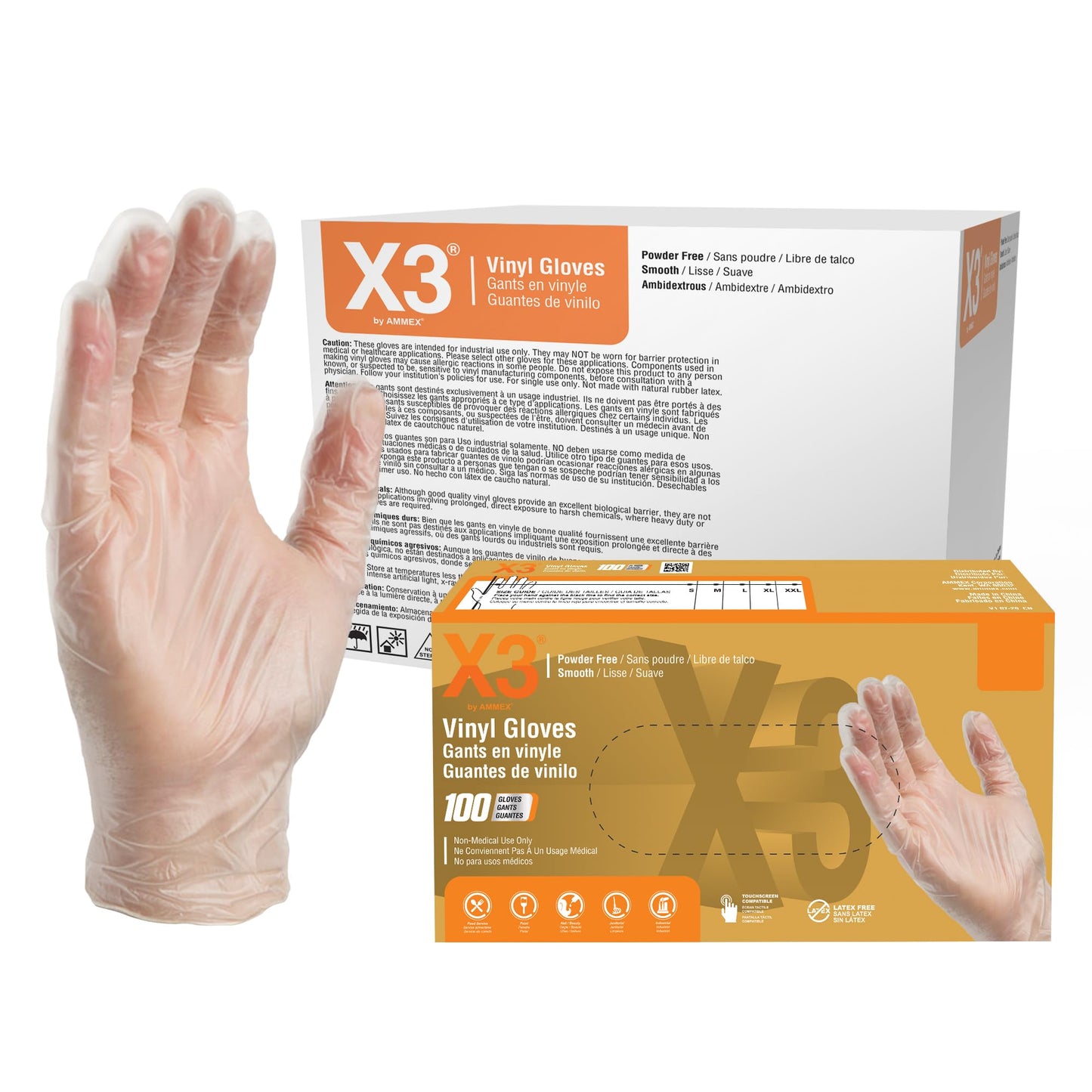 X3 Clear Vinyl Disposable Industrial Gloves, 3 Mil, Latex & Powder-Free, Food-Safe, Non-Sterile, Smooth, Medium, Case of 1000