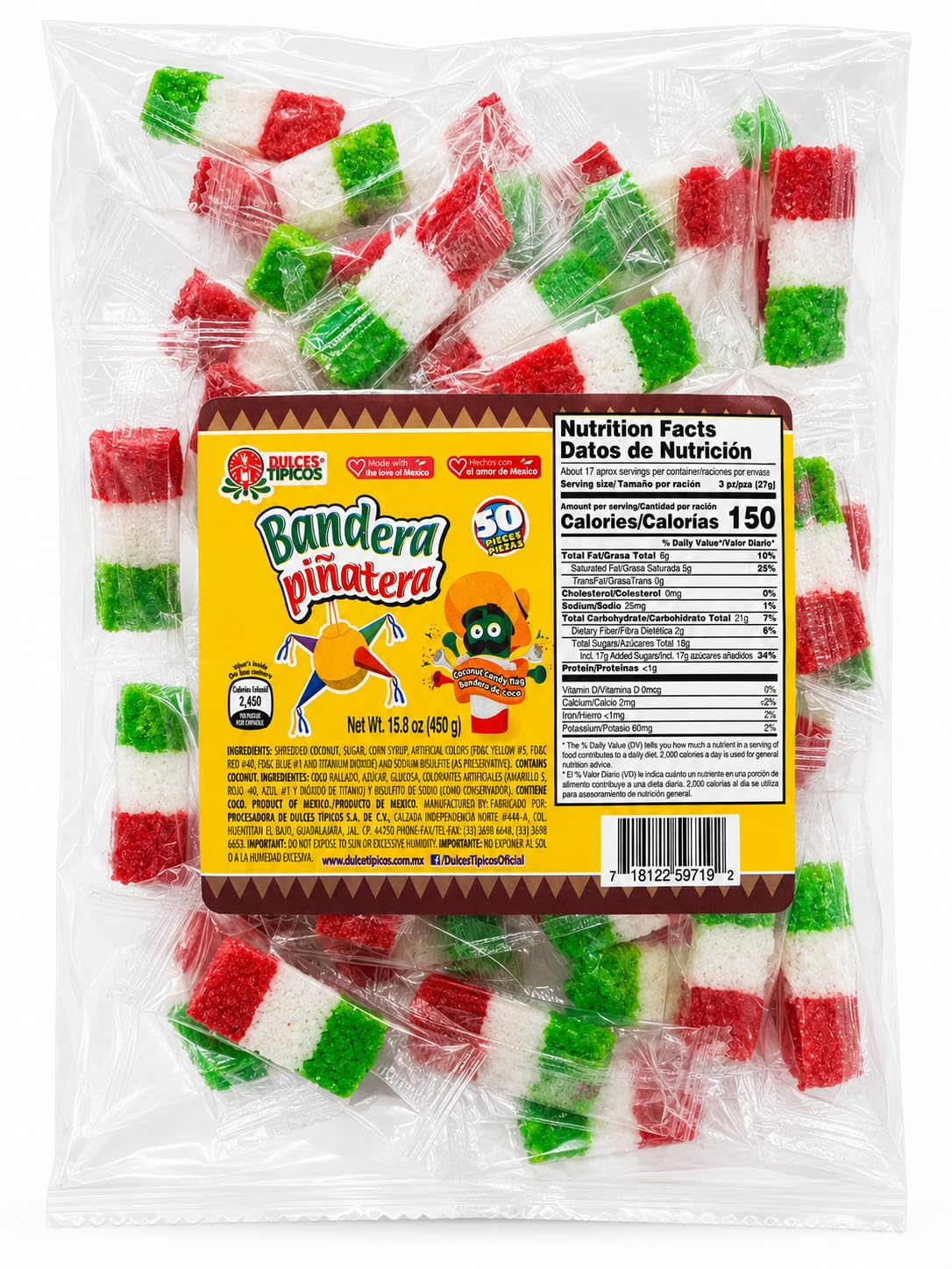 Bandera Piñatera Coconut Candy Flags - Traditional Mexican Coconut Candy, Individually Wrapped Treats, 50 Pieces, 15.8 oz