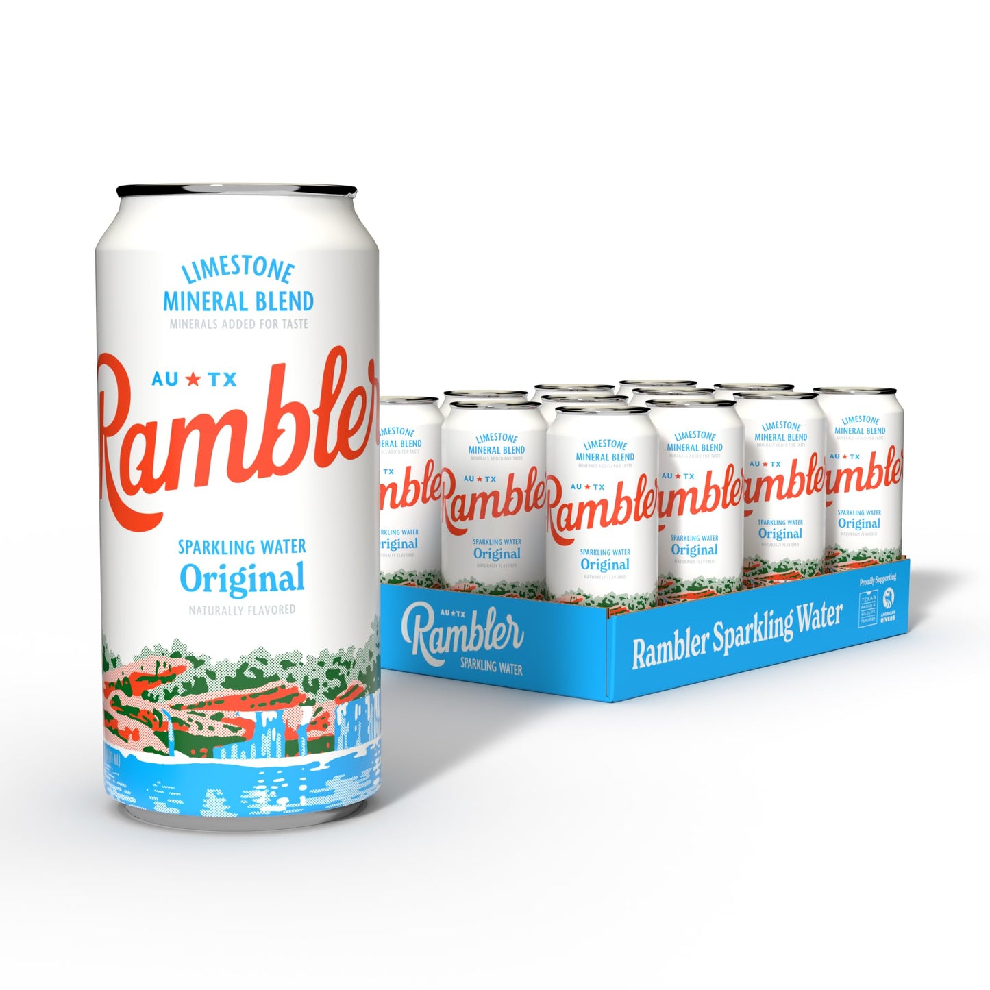 AUTX RAMBLER Sparkling Water, Texas Limestone Mineral Blend, Original Natural Flavor, 16-Ounce Tallboy Cans, 12-Pack