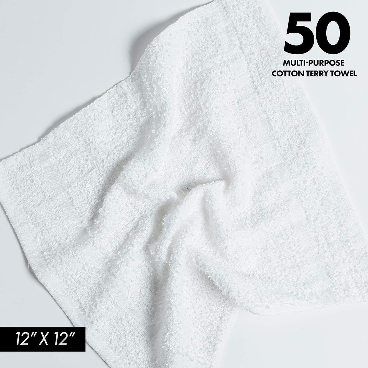 100% Cotton Terry Towels Cleaning Cloths Pack of 50 (12x12 Inches) White Cotton Terry Cloth Bar Rags White Bar Towels, Multipurpose High Absorbent