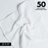100% Cotton Terry Towels Cleaning Cloths Pack of 50 (12x12 Inches) White Cotton Terry Cloth Bar Rags White Bar Towels, Multipurpose High Absorbent