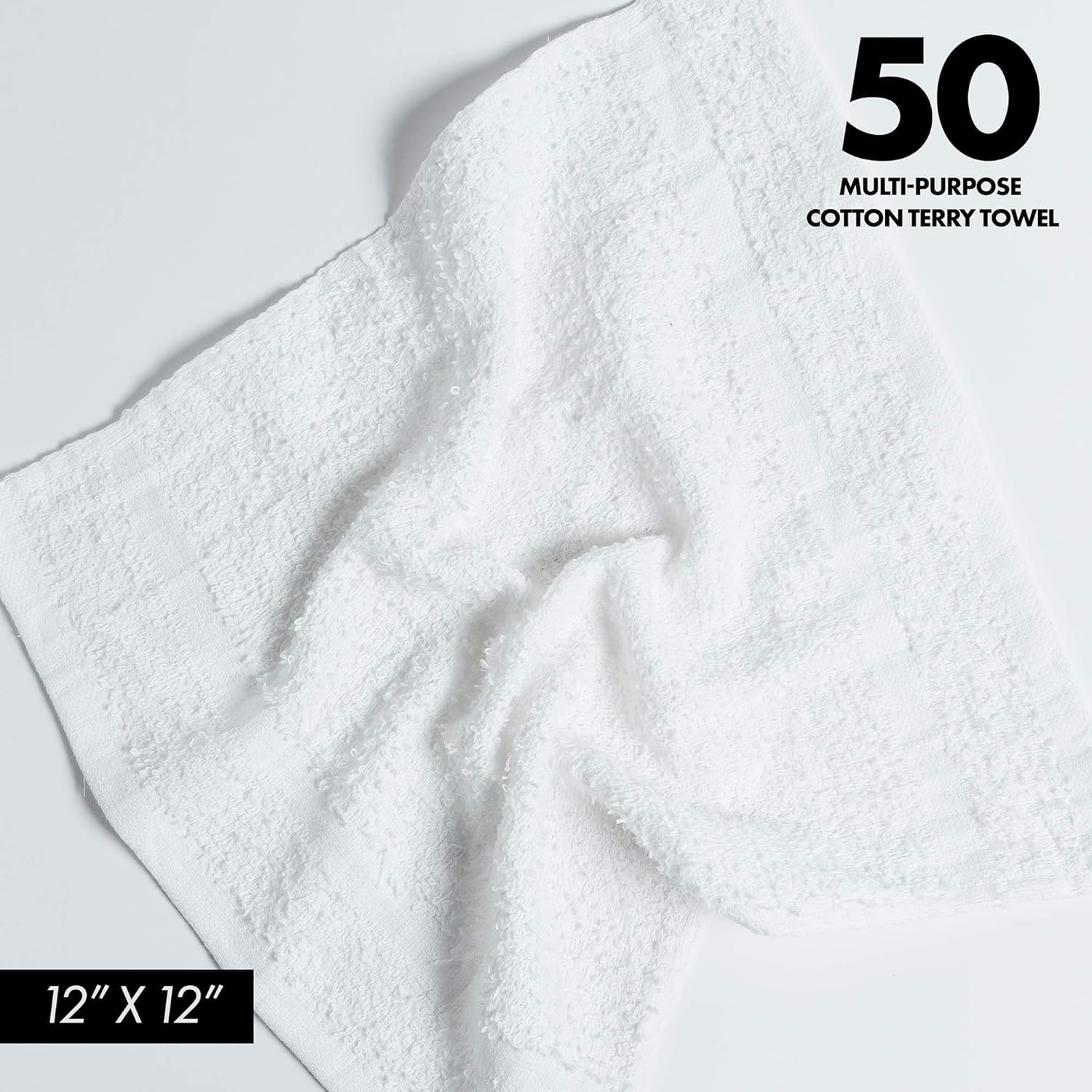 100% Cotton Terry Towels Cleaning Cloths Pack of 50 (12x12 Inches) White Cotton Terry Cloth Bar Rags White Bar Towels, Multipurpose High Absorbent